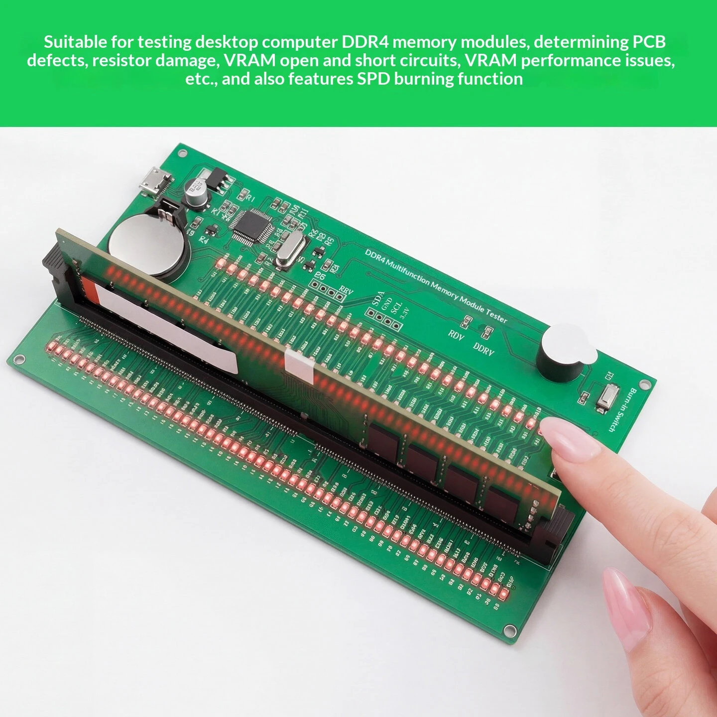HMT-SP02 DDR4 Desktop Memory Module Tester With SPD Programmer DDR4 DIMM Desktop RAM Diagnostic Card Micro-USB Power LED Indicators 145x80mm Board — view 4