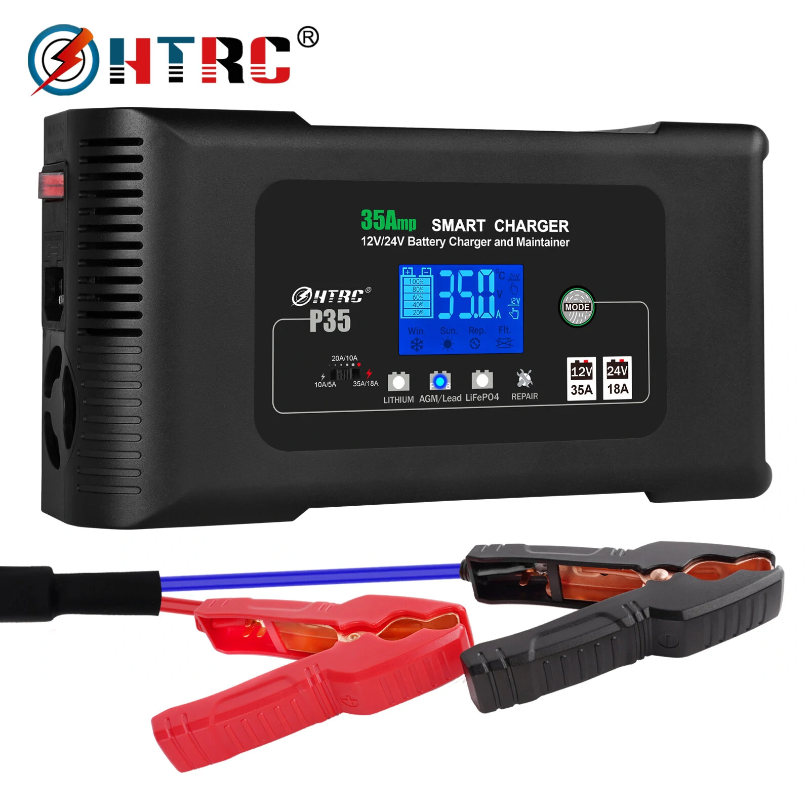 HTRC Large Power 35A 12V 24V Car Battery Charger for Moto Truck Motorcycle AGM Lead Acid PB GEL LCD Display Smart Charging — HTRC
