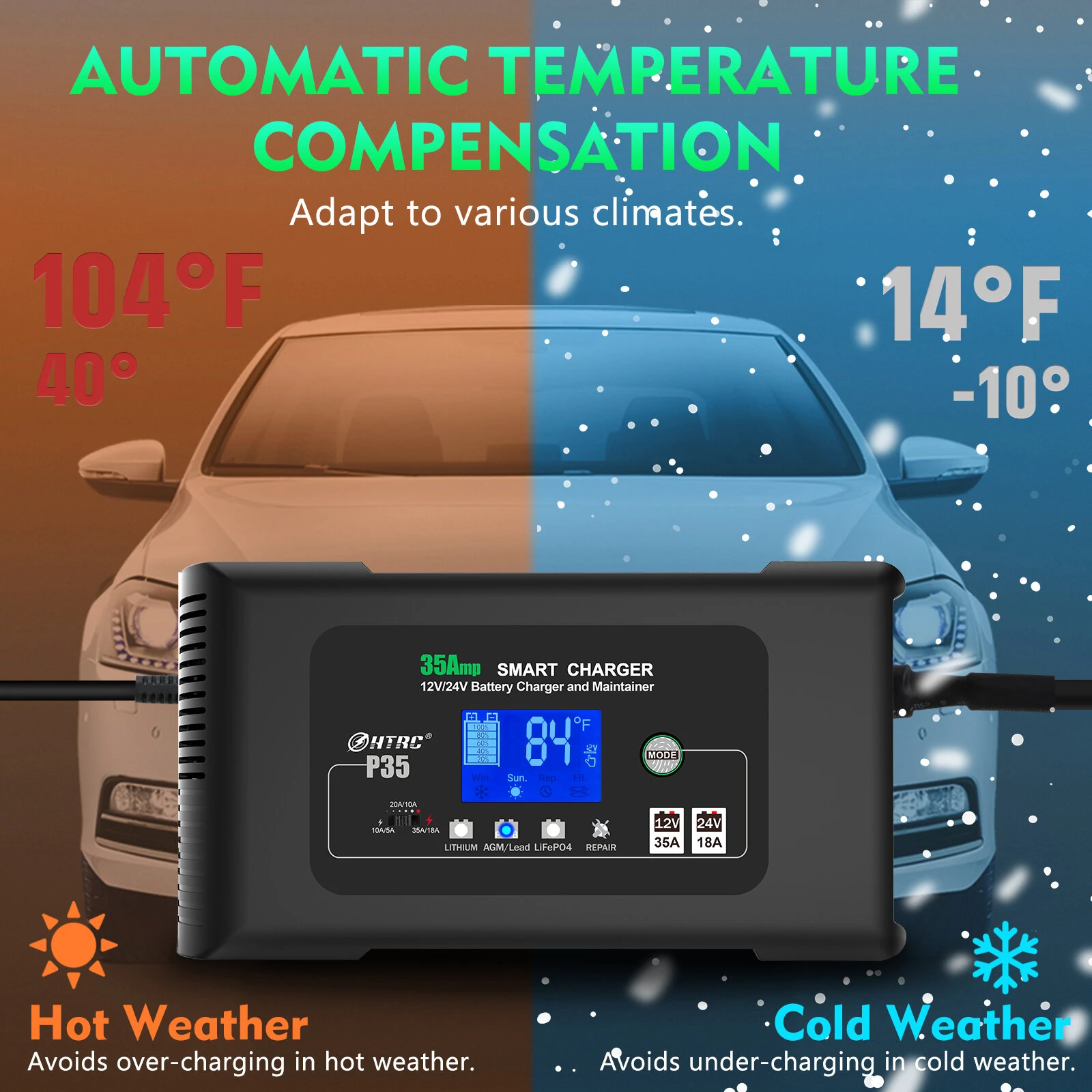 HTRC Large Power 35A 12V 24V Car Battery Charger for Moto Truck Motorcycle AGM Lead Acid PB GEL LCD Display Smart Charging — view 4