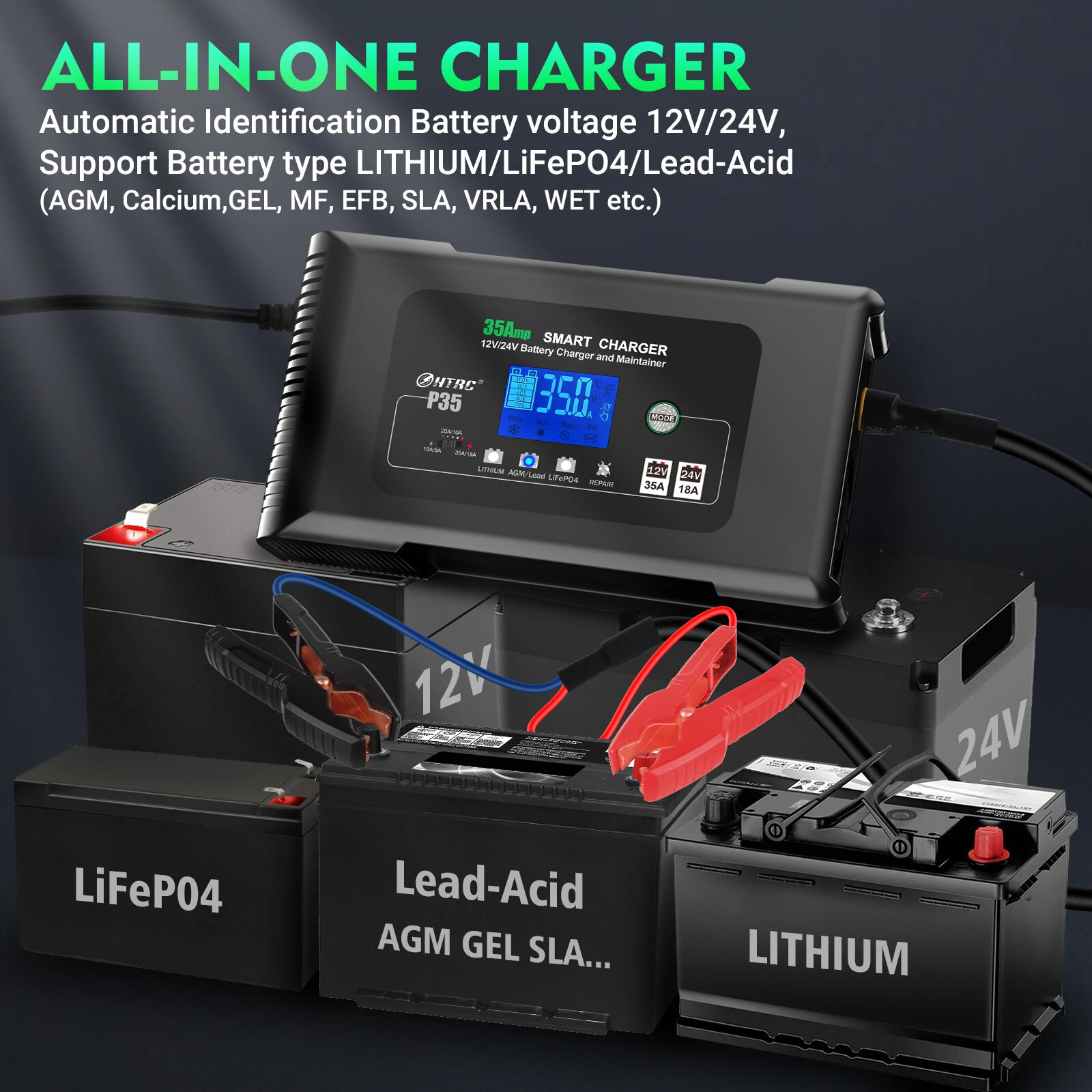 HTRC Large Power 35A 12V 24V Car Battery Charger for Moto Truck Motorcycle AGM Lead Acid PB GEL LCD Display Smart Charging — view 7