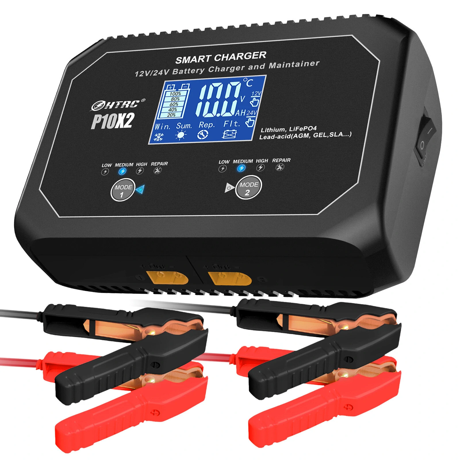 HTRC P10X2 12V 24V 10A Auto Motorcycle Battery Charger AGM Intelligent Repair Dual Channel Smart Car Battery Charger Lithium Lifepo4 Lead-Acid(AGM/Gel/SLA) for Car Boat — HTRC