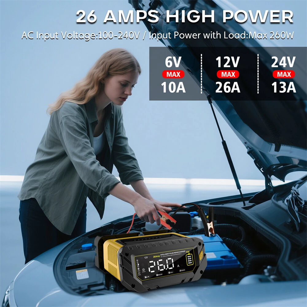 HTRC P26 6V 12V 24V 26A Car Battery Charger for Auto Moto Lithium LiFePO4 Lead-acid SLA Gel AGM Smart Battery Charge Repair Maintainer — view 4