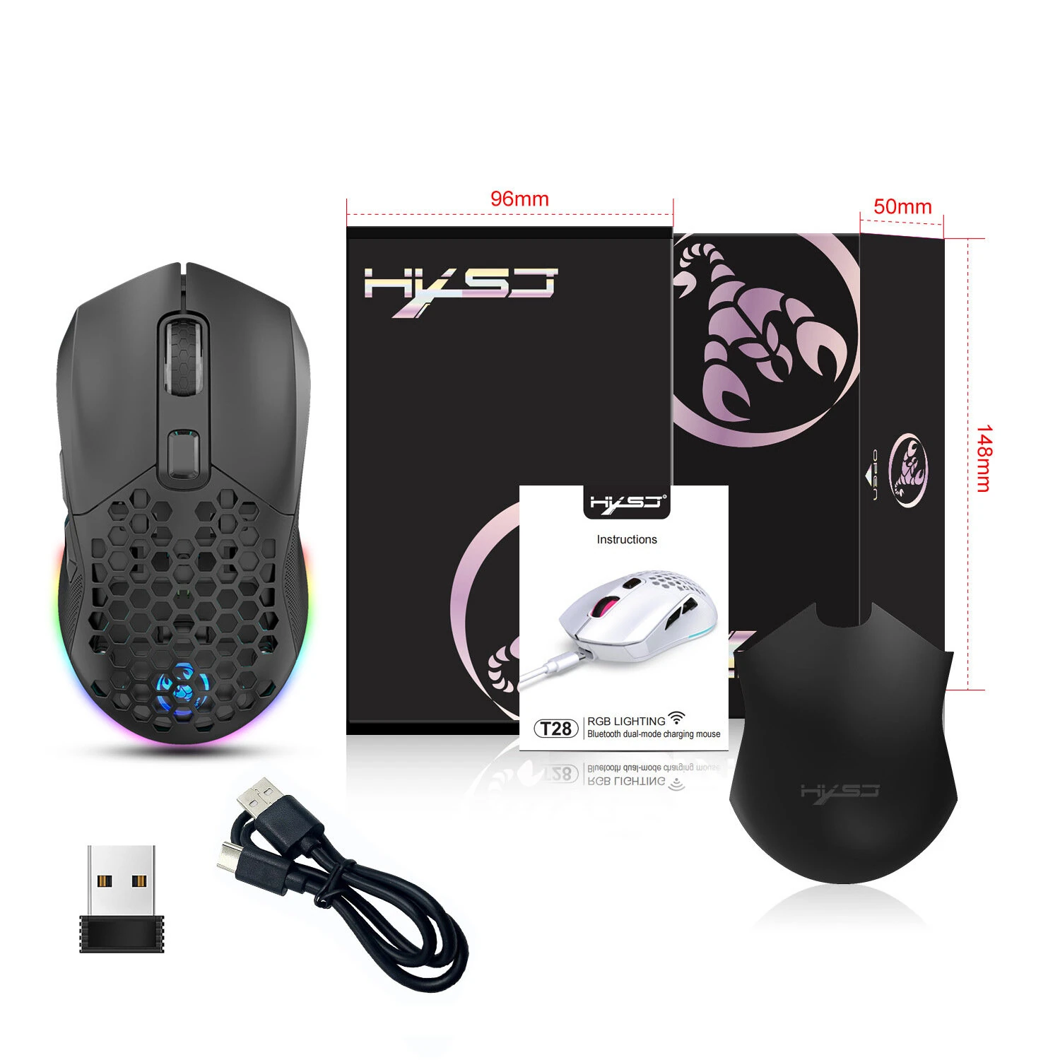 HXSJ T28 Dual Mode Wireless Mouse Hollow Design 800-4800DPI RGB Backlight 600mAh Rechargeable 2.4G/bluetooth Gamer Mice — view 5