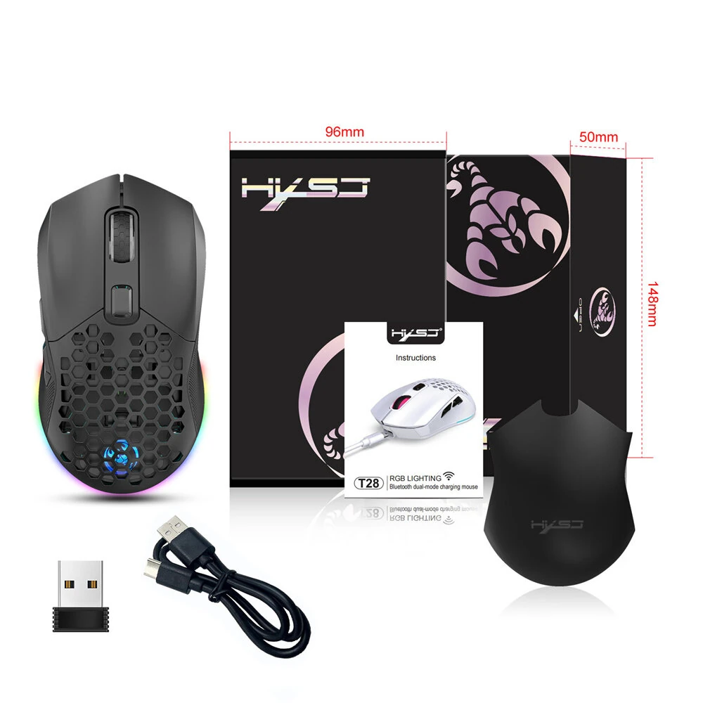 HXSJ T28 Dual Mode Wireless Mouse Hollow Design 800-4800DPI RGB Backlight 600mAh Rechargeable 2.4G/bluetooth Gamer Mice — view 8