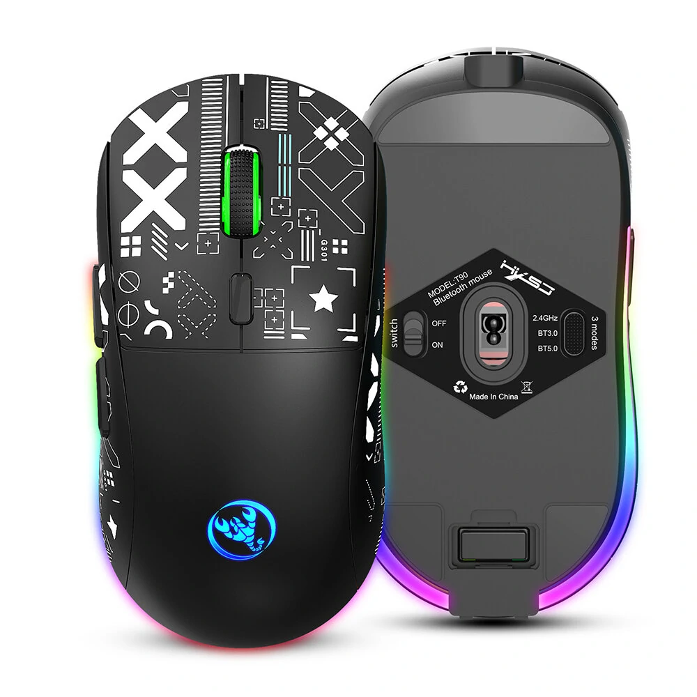 HXSJ T90 2.4G Triple Mode Wireless Mouse 800-3600DPI Adjustable RGB Backlight 750mAh Type-C Rechargeable Gamer Mouse — HXSJ