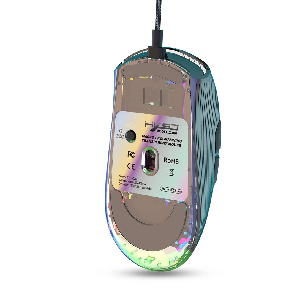 HXSJ X400 Wired Gaming Mouse Transparent Ergonomic RGB Backlight 7 Programmable Buttons 12800 DPI High Precision — view 7
