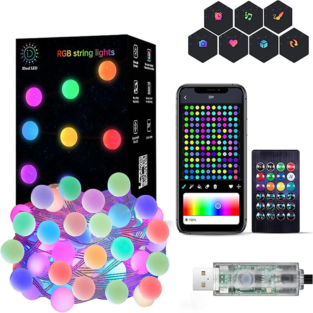IDeal LED APP Smart Christmas Tree Small White Ball USB Magic Color Point Control Light String Villa 8 Function Leather Line Light String Garden Starry Sky Decorative Light — IDeal