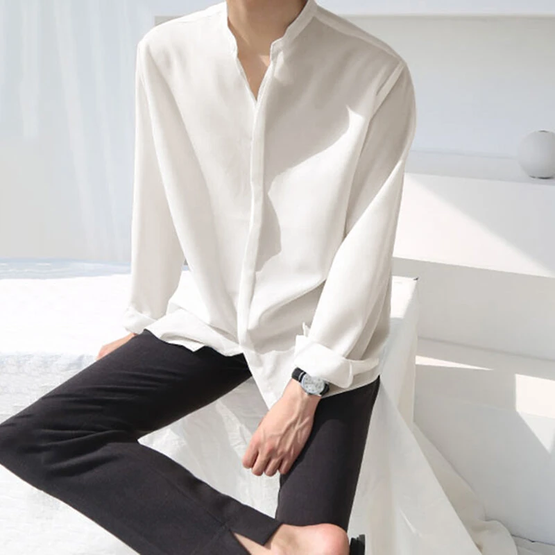INCERUN Men Breathable Stand-up Collar Silky Solid Color Shirts — view 2