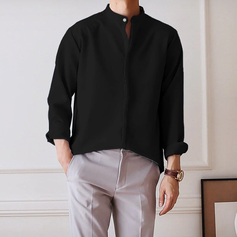 INCERUN Men Breathable Stand-up Collar Silky Solid Color Shirts — view 3