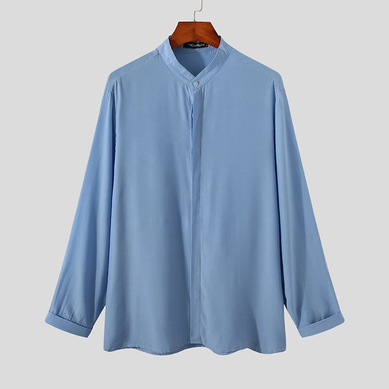 INCERUN Men Breathable Stand-up Collar Silky Solid Color Shirts — view 5