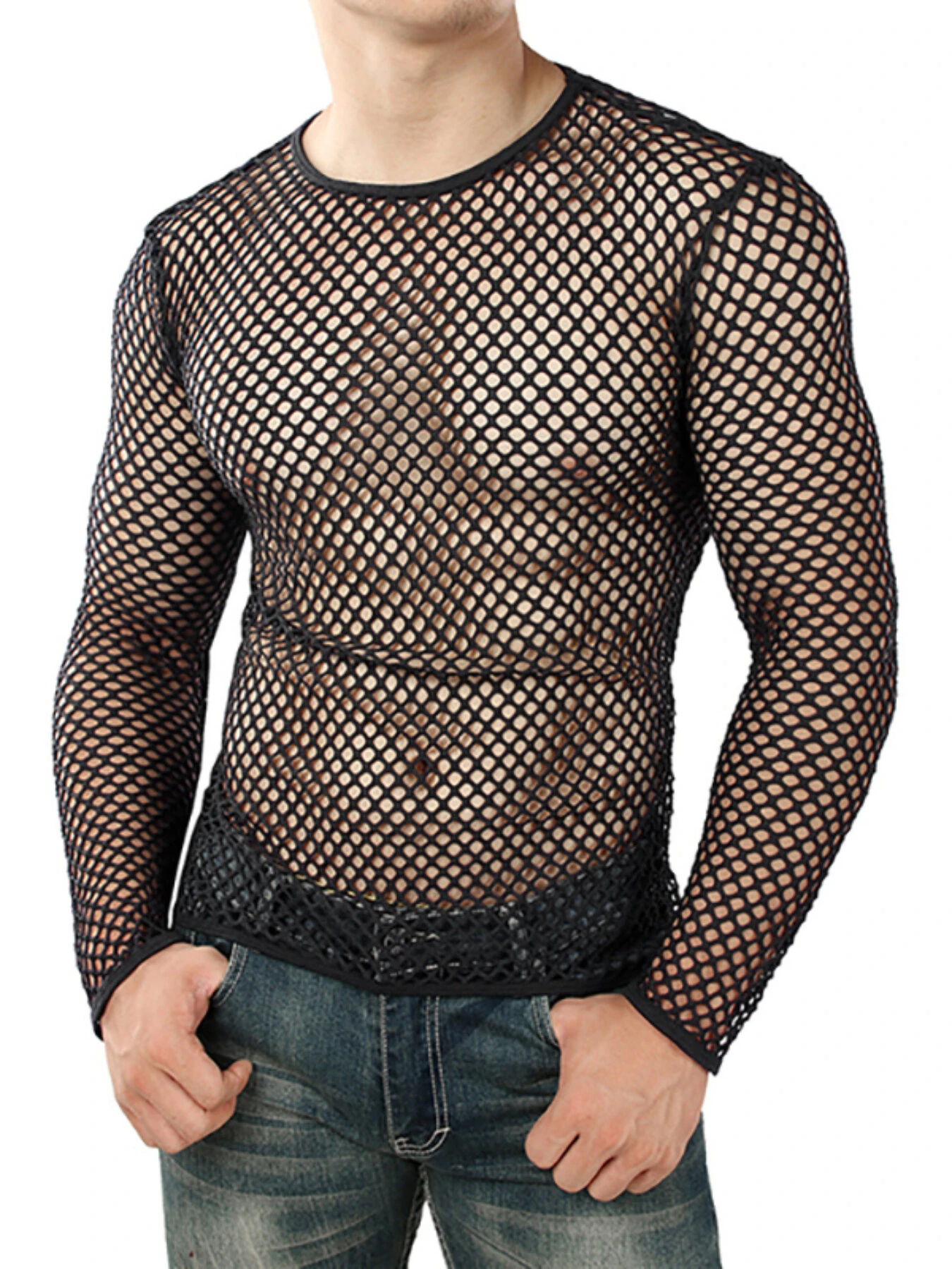 INCERUN Men Fashion Mesh See-through Casual Long Sleeve Hollow Black T-Shirt — INCERUN