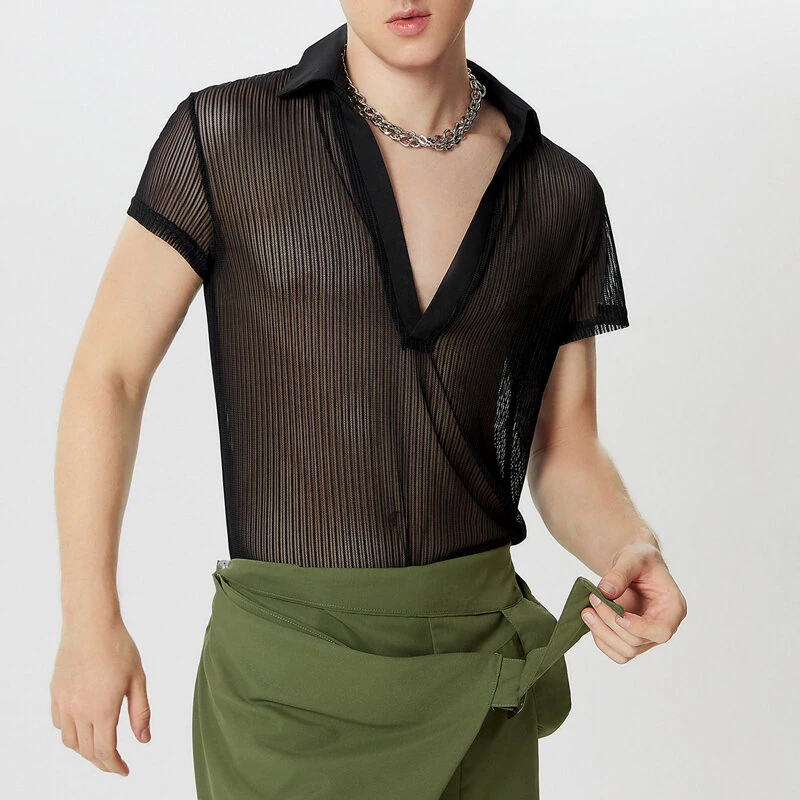 INCERUN Men Fashion Stripe Short Sleeve T-shirt Summer See-through V-neck Tee Solid Color Mens Top
