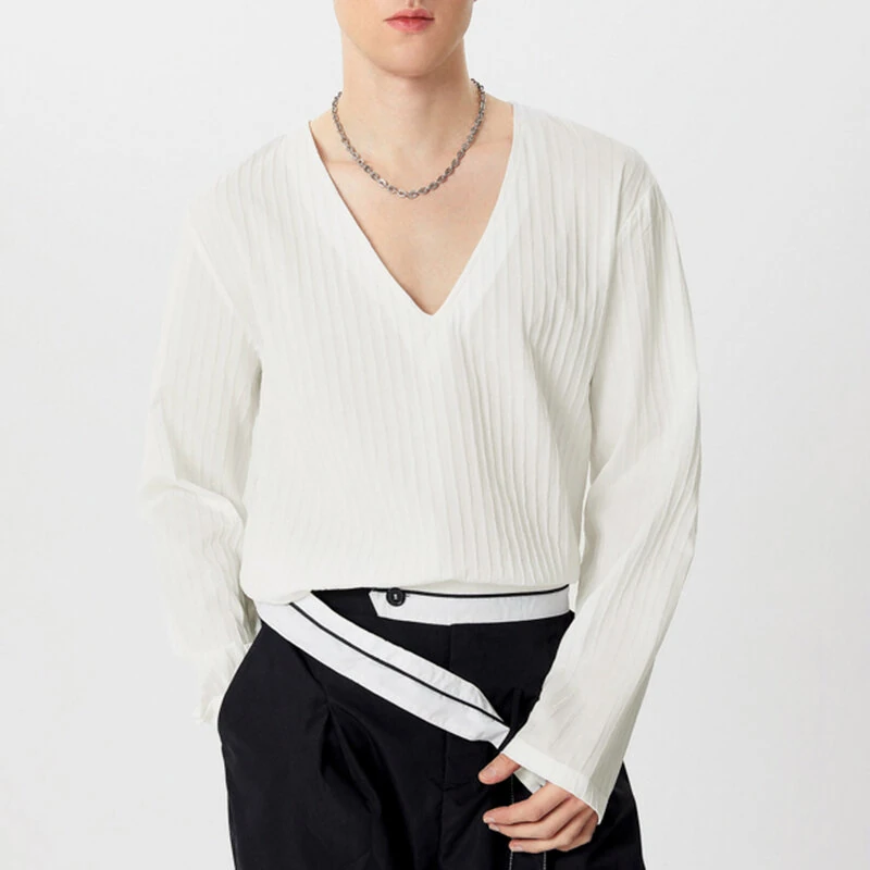 INCERUN Men Fashion V-neck Long Sleeve T-shirt Comfy Loose Fit Solid Color Tshirt Top for Men Plus Size, Spring Fall — INCERUN