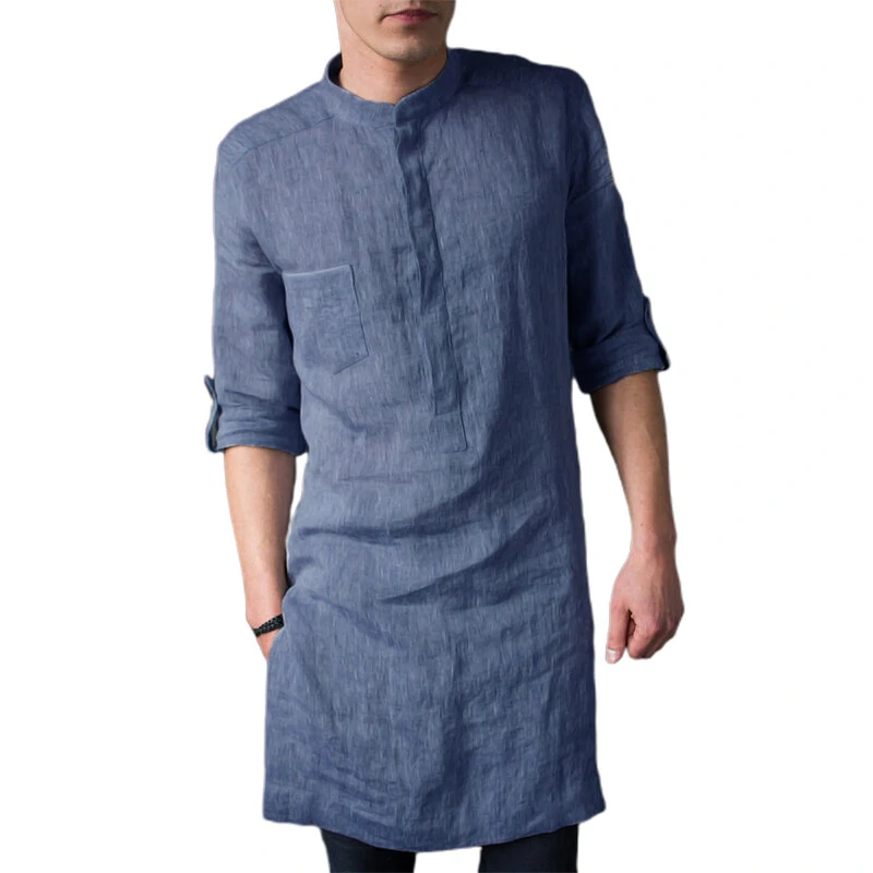 INCERUN Men Islamic Thobe Kaftan Knee Length Maxi Tunic Shirts Gown Stand Collar Long Sleeve Mid Long Casual Shirts — view 11