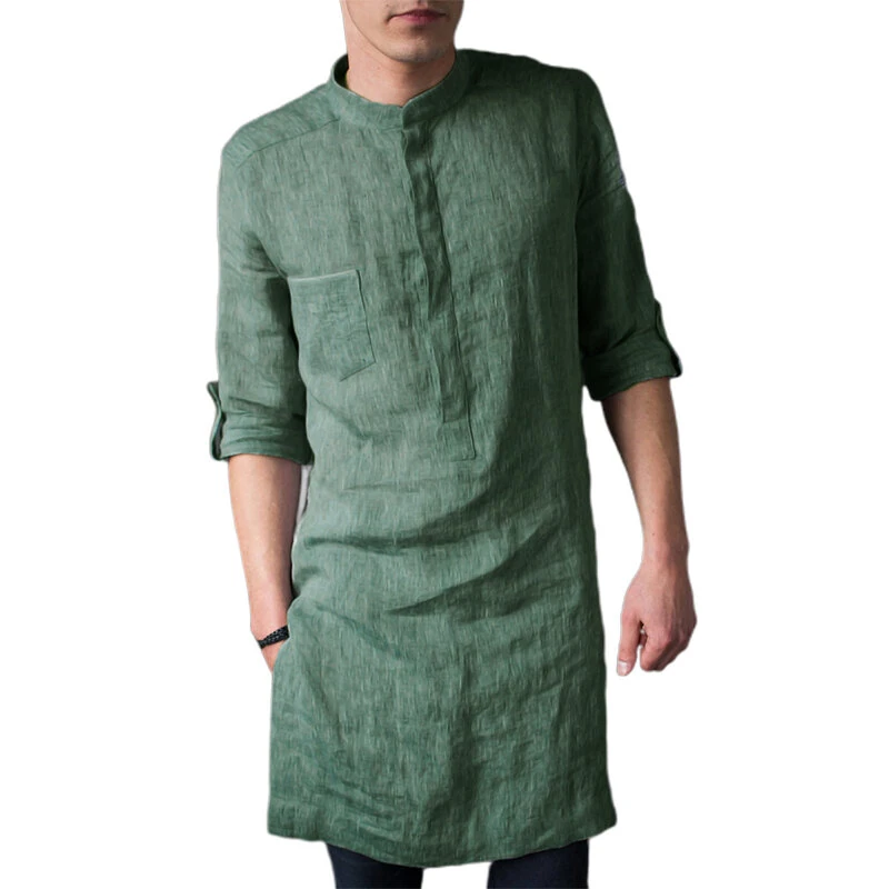 INCERUN Men Islamic Thobe Kaftan Knee Length Maxi Tunic Shirts Gown Stand Collar Long Sleeve Mid Long Casual Shirts — view 2