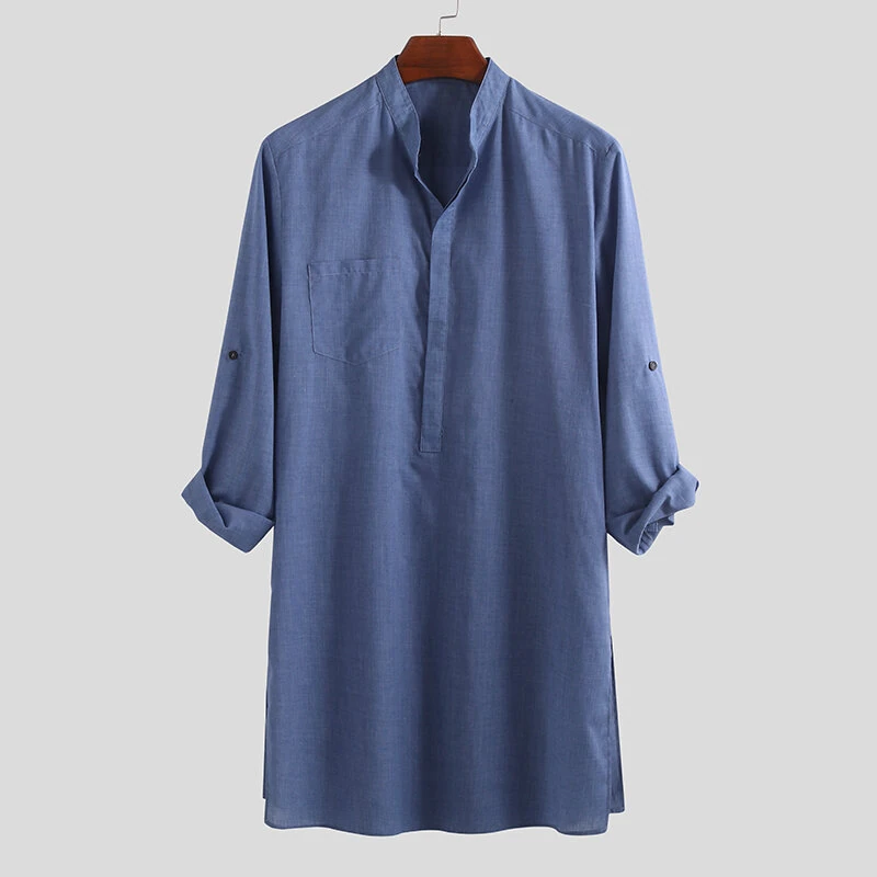 INCERUN Men Islamic Thobe Kaftan Knee Length Maxi Tunic Shirts Gown Stand Collar Long Sleeve Mid Long Casual Shirts — view 6