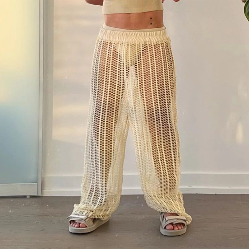 INCERUN Men Pants Fashion Loose Fit Mesh Hollow Out Beach Trousers Summer Comfy Beige Pants — view 2
