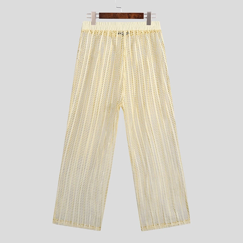 INCERUN Men Pants Fashion Loose Fit Mesh Hollow Out Beach Trousers Summer Comfy Beige Pants — view 4