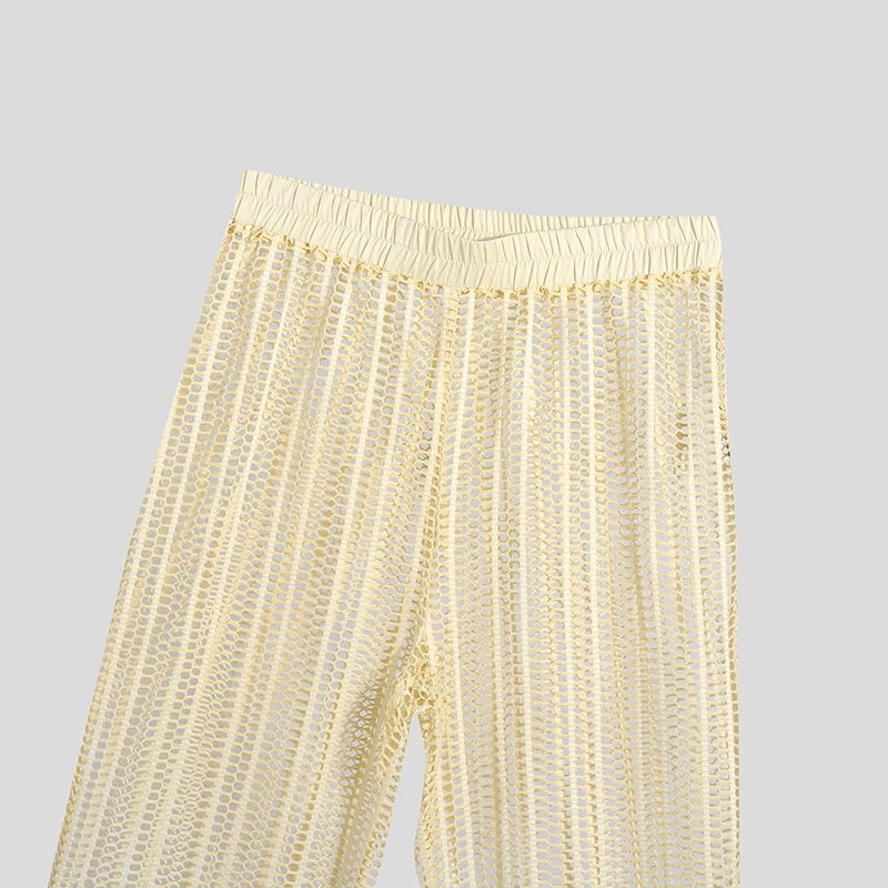 INCERUN Men Pants Fashion Loose Fit Mesh Hollow Out Beach Trousers Summer Comfy Beige Pants — view 5