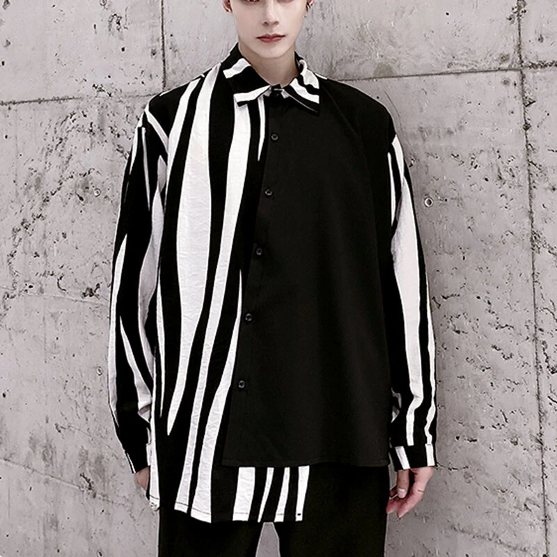 INCERUN Men Patchwork Zebra Stripe Shirt Fashion Slant Placket Casual Lapel Long Sleeve Shirt Loose Large Size Shirt S-5XL for Spring Fall