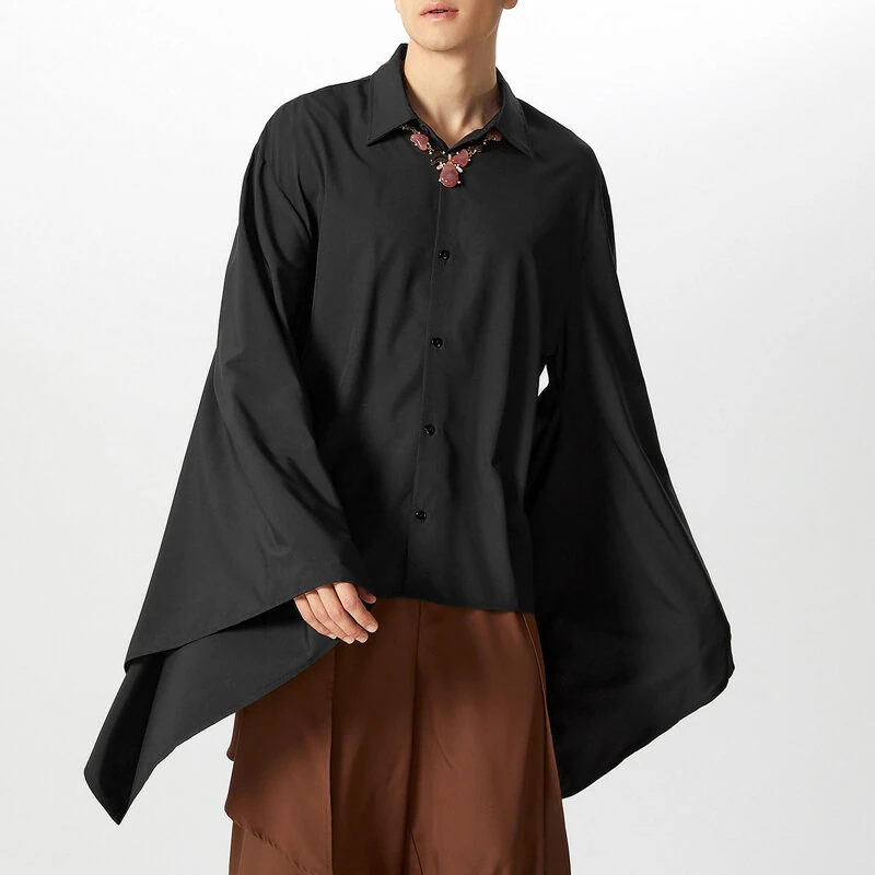 INCERUN Men's Casual Black Shirt, Button Up Long Sleeve Shirt, Chic Retro Lapel Loose Batwing Sleeve Shirt for Men — INCERUN