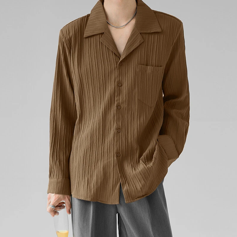 INCERUN Men's Casual Shirt Solid Color Long Sleeve Lapel Collar Button-Down Daily Shirt with Single Color Stripes, Loose Fit — INCERUN