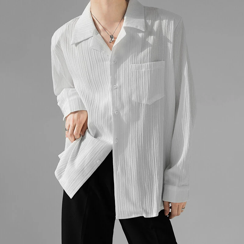 INCERUN Men's Casual Shirt Solid Color Long Sleeve Lapel Collar Button-Down Daily Shirt with Single Color Stripes, Loose Fit — view 2