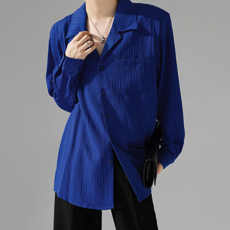 INCERUN Men's Casual Shirt Solid Color Long Sleeve Lapel Collar Button-Down Daily Shirt with Single Color Stripes, Loose Fit — view 4