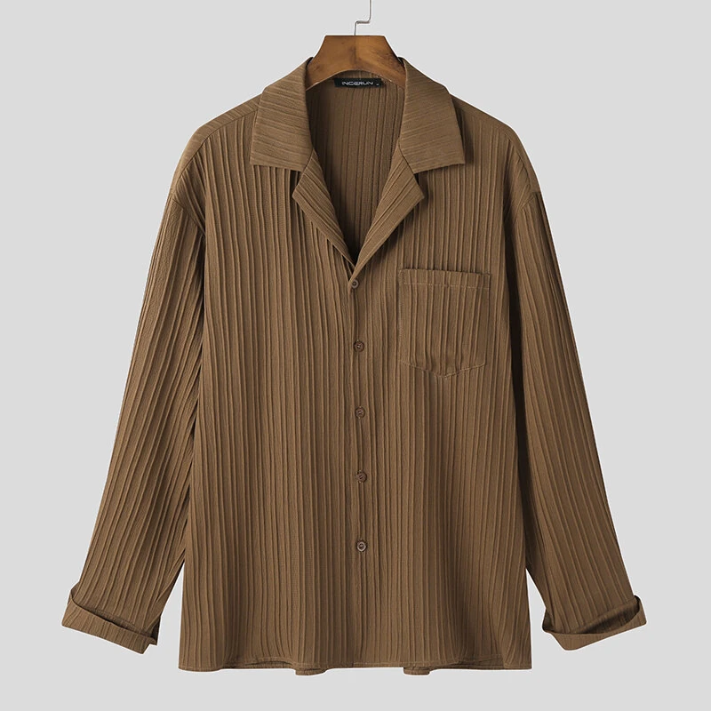INCERUN Men's Casual Shirt Solid Color Long Sleeve Lapel Collar Button-Down Daily Shirt with Single Color Stripes, Loose Fit — view 5