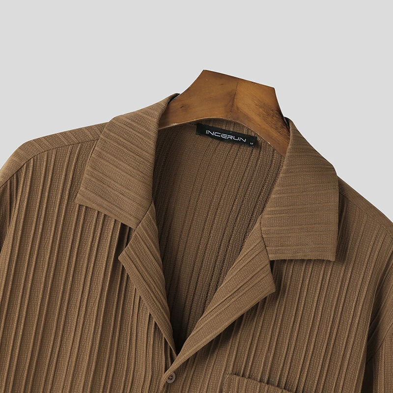 INCERUN Men's Casual Shirt Solid Color Long Sleeve Lapel Collar Button-Down Daily Shirt with Single Color Stripes, Loose Fit — view 6