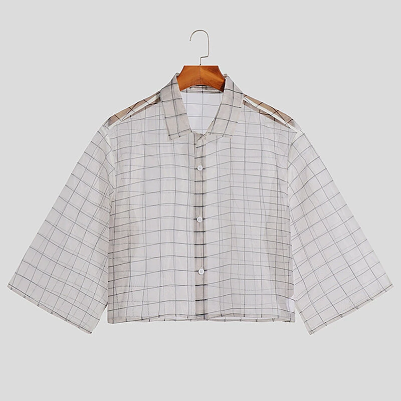 INCERUN Men Shirt Mesh Transparent Plaid Lapel 3/4 Sleeve Short Shirt Fashion Casual Men Clothing Loose Button Camisas — view 2