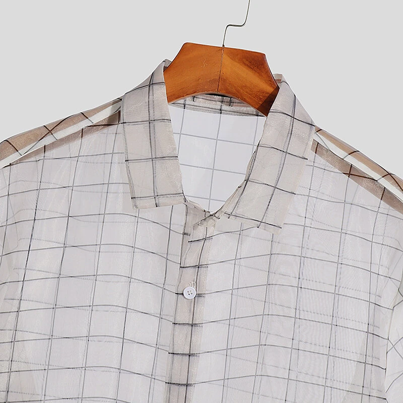 INCERUN Men Shirt Mesh Transparent Plaid Lapel 3/4 Sleeve Short Shirt Fashion Casual Men Clothing Loose Button Camisas — view 3