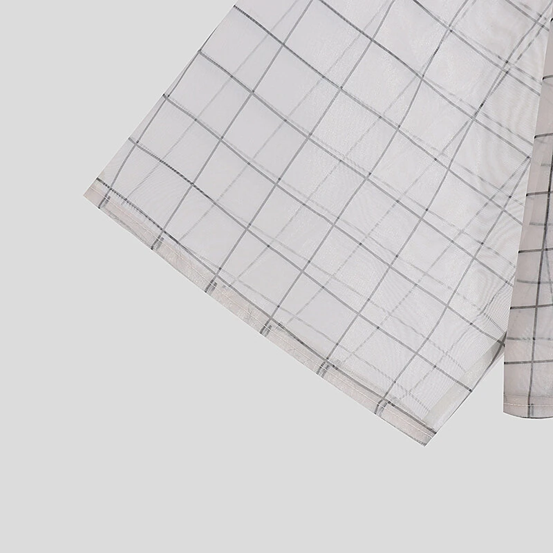 INCERUN Men Shirt Mesh Transparent Plaid Lapel 3/4 Sleeve Short Shirt Fashion Casual Men Clothing Loose Button Camisas — view 6