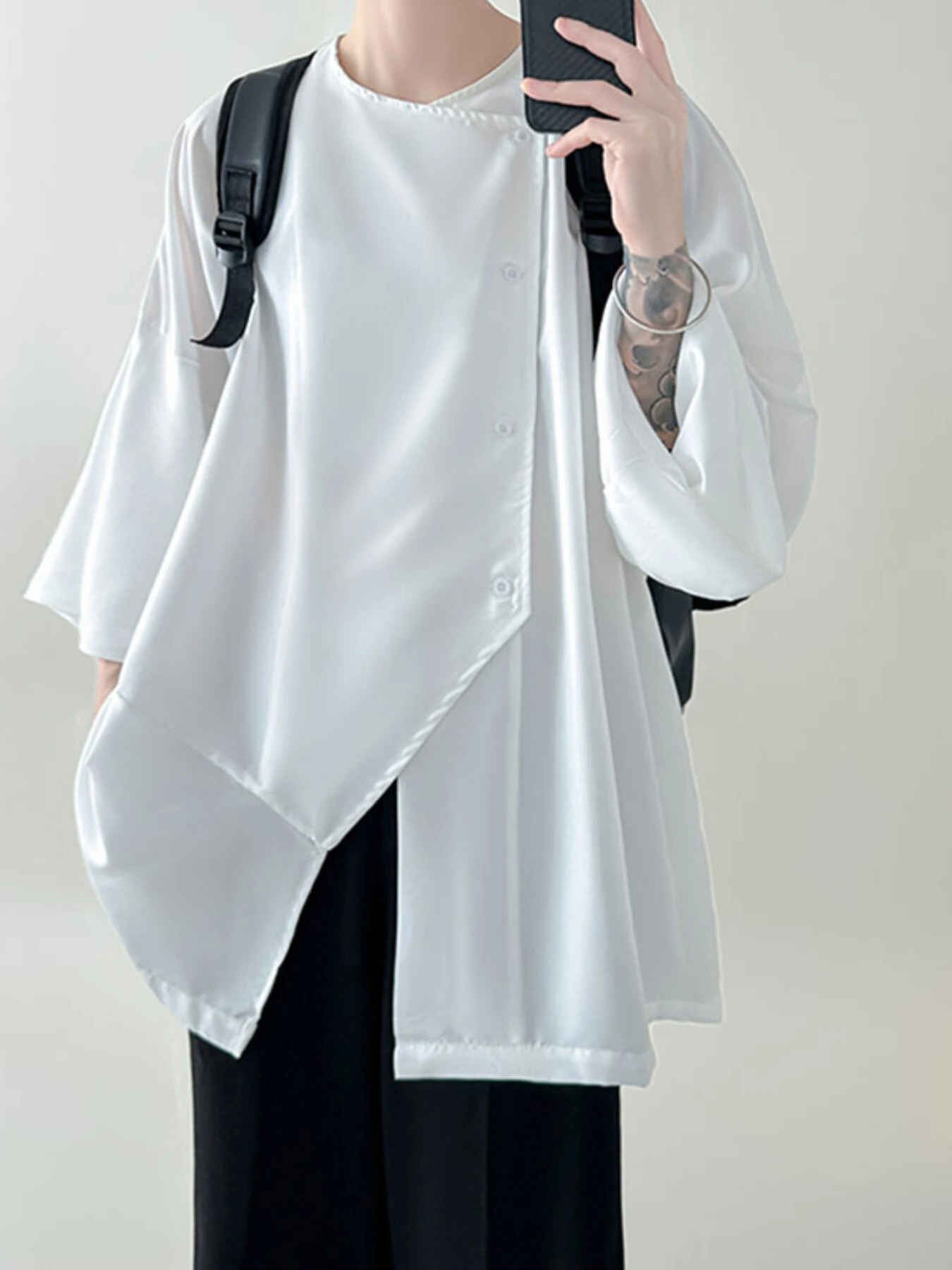 INCERUN Men Shirts Irregular Slant Buttoned Round Neck Top Shirt Long Sleeve Daily Shirts Casual Loose Men Clothing — INCERUN