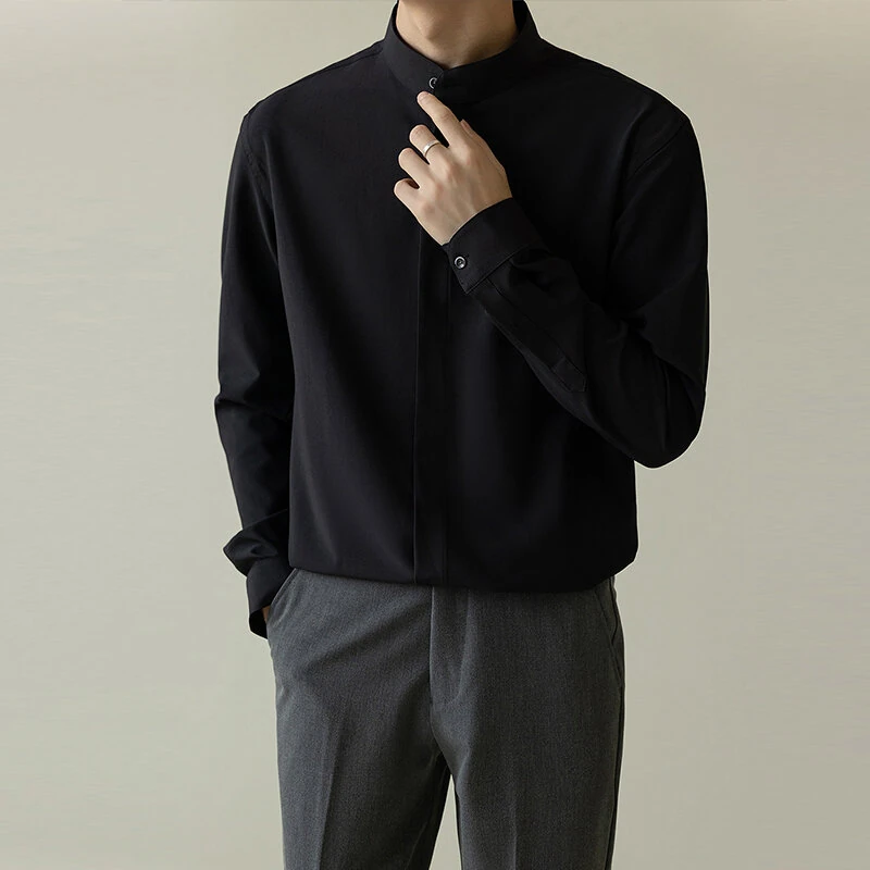 INCERUN Men Solid Color Standing Collar Long Sleeve Shirt Classic Comfortable Casual Shirt for Men Large Size S-5XL — view 2