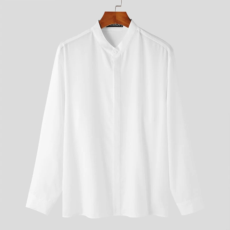 INCERUN Men Solid Color Standing Collar Long Sleeve Shirt Classic Comfortable Casual Shirt for Men Large Size S-5XL — view 4