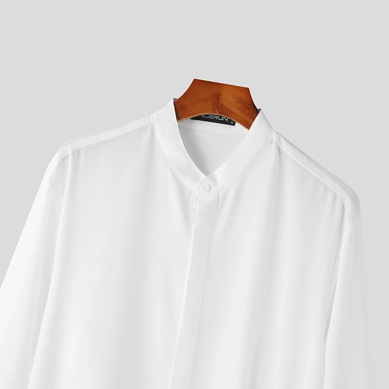 INCERUN Men Solid Color Standing Collar Long Sleeve Shirt Classic Comfortable Casual Shirt for Men Large Size S-5XL — view 6