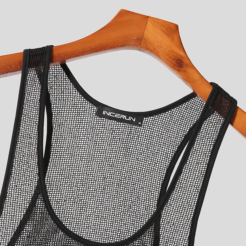 INCERUN Men Tank Tops Mesh Transparent O-neck Sleeveless Vests Streetwear Summer Breathable Fashion Men Clothing S-5XL — view 5