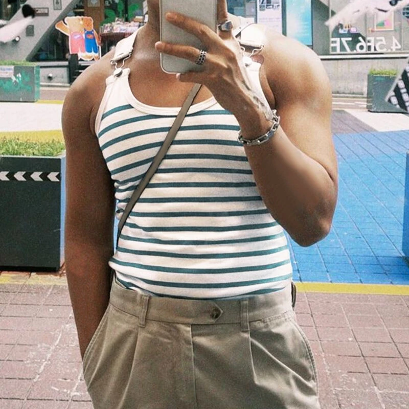 INCERUN Men Tanks Top Blue White Knitted Undershirt with Horizontal Stripes Buckle Back High Stretch Vest for Men — view 3