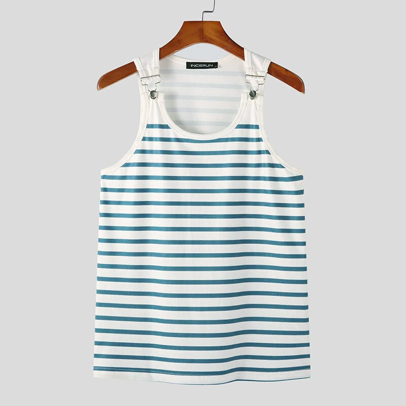 INCERUN Men Tanks Top Blue White Knitted Undershirt with Horizontal Stripes Buckle Back High Stretch Vest for Men — view 4