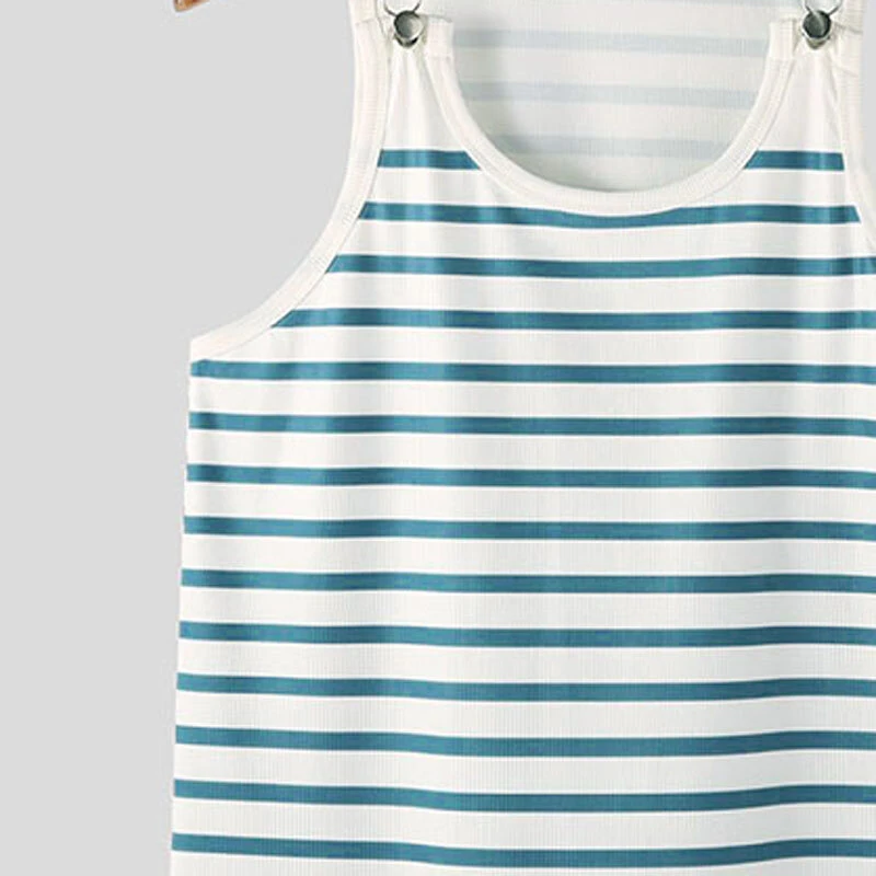 INCERUN Men Tanks Top Blue White Knitted Undershirt with Horizontal Stripes Buckle Back High Stretch Vest for Men — view 5