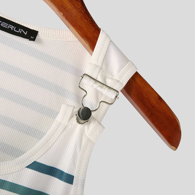 INCERUN Men Tanks Top Blue White Knitted Undershirt with Horizontal Stripes Buckle Back High Stretch Vest for Men — view 7