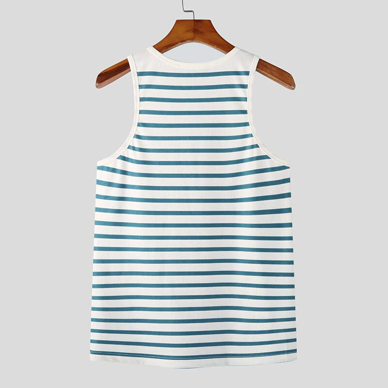 INCERUN Men Tanks Top Blue White Knitted Undershirt with Horizontal Stripes Buckle Back High Stretch Vest for Men — view 8