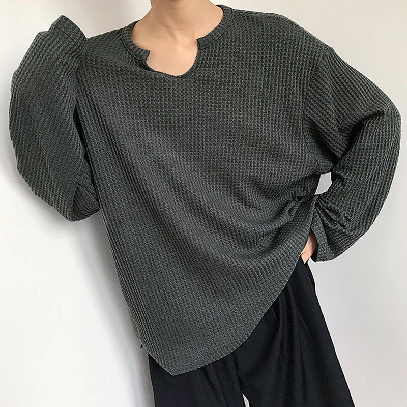 INCERUN Men Tshirt Comfy Loose Fit Long Sleeve T-Shirt Solid Color Notched Neck Knit Daily Casual T-Shirt — view 3