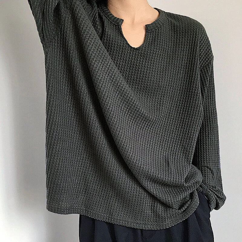 INCERUN Men Tshirt Comfy Loose Fit Long Sleeve T-Shirt Solid Color Notched Neck Knit Daily Casual T-Shirt — view 5