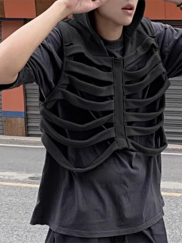 INCERUN Men Vests Skeleton Rib Deconstructed Design Hooded Sleeveless Streetwear Male Waistcoats Fashion Casual Vests Men S-5XL — view 2