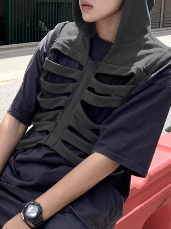 INCERUN Men Vests Skeleton Rib Deconstructed Design Hooded Sleeveless Streetwear Male Waistcoats Fashion Casual Vests Men S-5XL — view 3