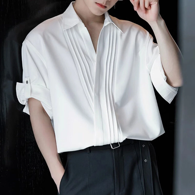INCERUN Mens Asymmetrical Pleated Short Sleeve Shirt Casual Solid Color Lapel Top for Male — INCERUN