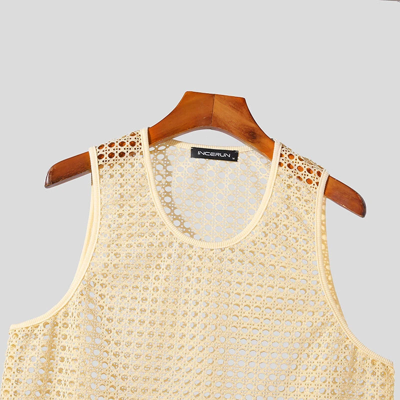 INCERUN Mens Beach Style Mesh Sleeveless Tank Comftable Fabric Tank Top for Men — view 3