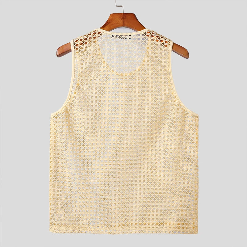 INCERUN Mens Beach Style Mesh Sleeveless Tank Comftable Fabric Tank Top for Men — view 5